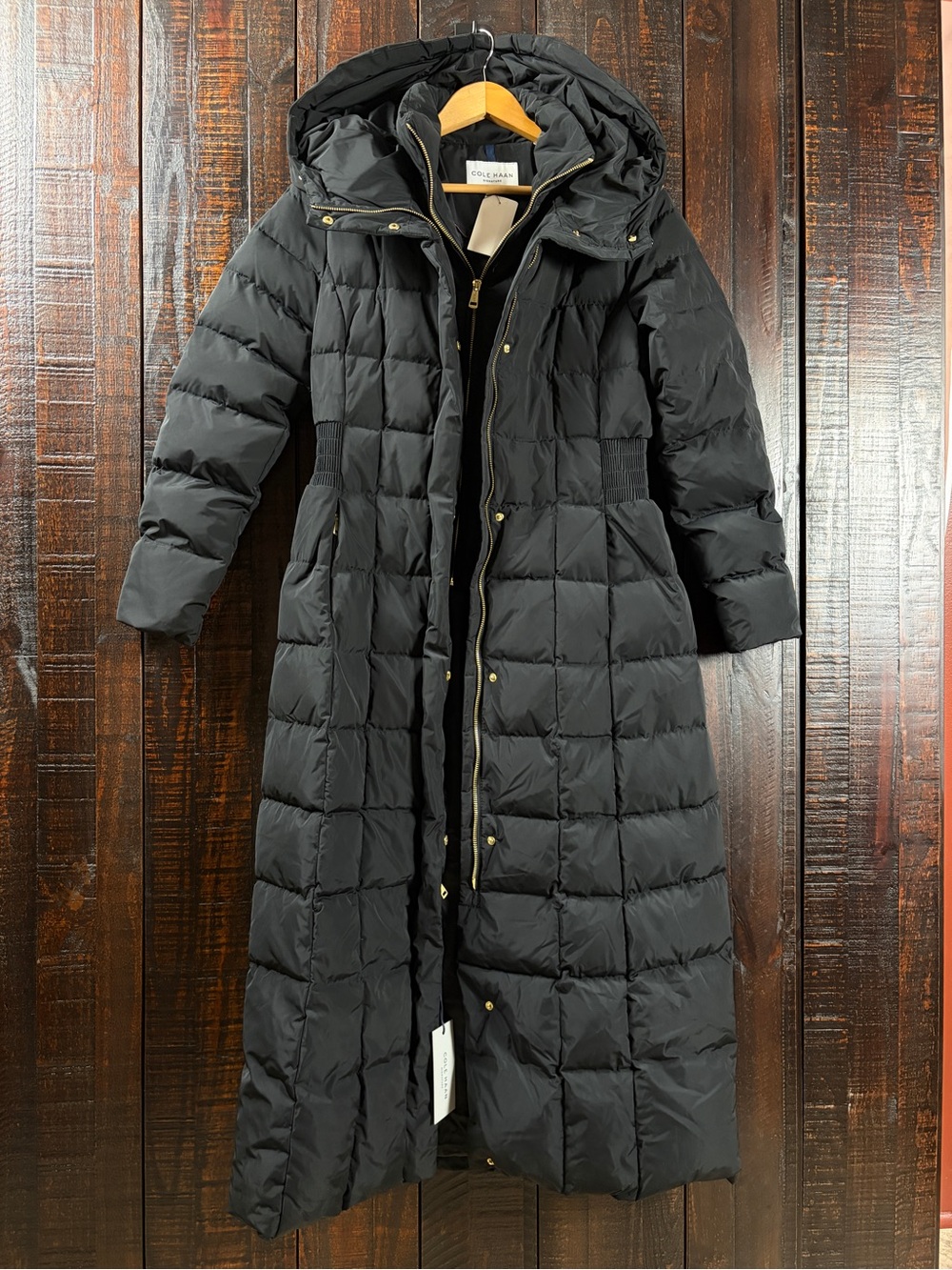 Cole Haan Black Quilted Down/Feather Hooded Maxi Puffer Coat - Small - Picture 5 of 15